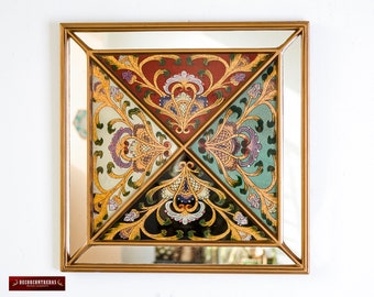 Decorative Square Mirror with gold wood frame, Peruvian Ornate Accent Wall Mirror "Colonial Majesty", Painting on Glass Mirror for wall