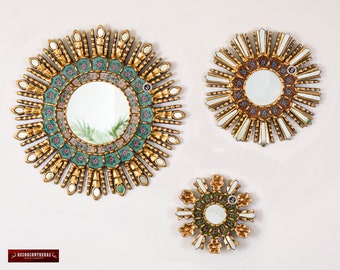 Juego de 3 espejos de pared Sunburst 'Cuzco Treasure', espejo redondo peruano decorativo de pared, espejo decorativo peruano, espejos de colección para pared