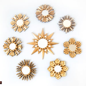 Gold Small Sunburst Mirror gold set 8 for wall room decor, Starburst gold Leaf Accent Mirror, Collection Hand-carved Wood Round Wall mirror