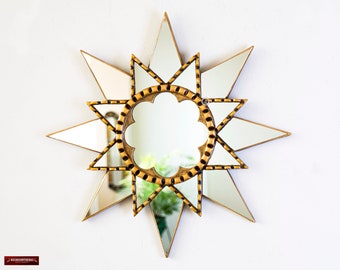 Gold Round sunburst Mirror 17.7", Peruvian Accent Wall golden Mirror "Wiracocha reflection", Ornate contemporary mirror for wall decorative
