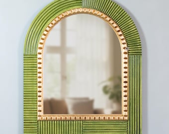 Peruvian Handmade Arch Wall Mirror – Gold Leaf & Olive Green Frame – Boho Wall Decor – Decorative Arched Mirror for Entryway or Living Room