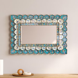 Turquoise en gouden rechthoekige spiegel - Luxe Peruaans handgeschilderd glazen wanddecoratie - Moederdagcadeau - Spring Home Refresh - VS Geen rechten