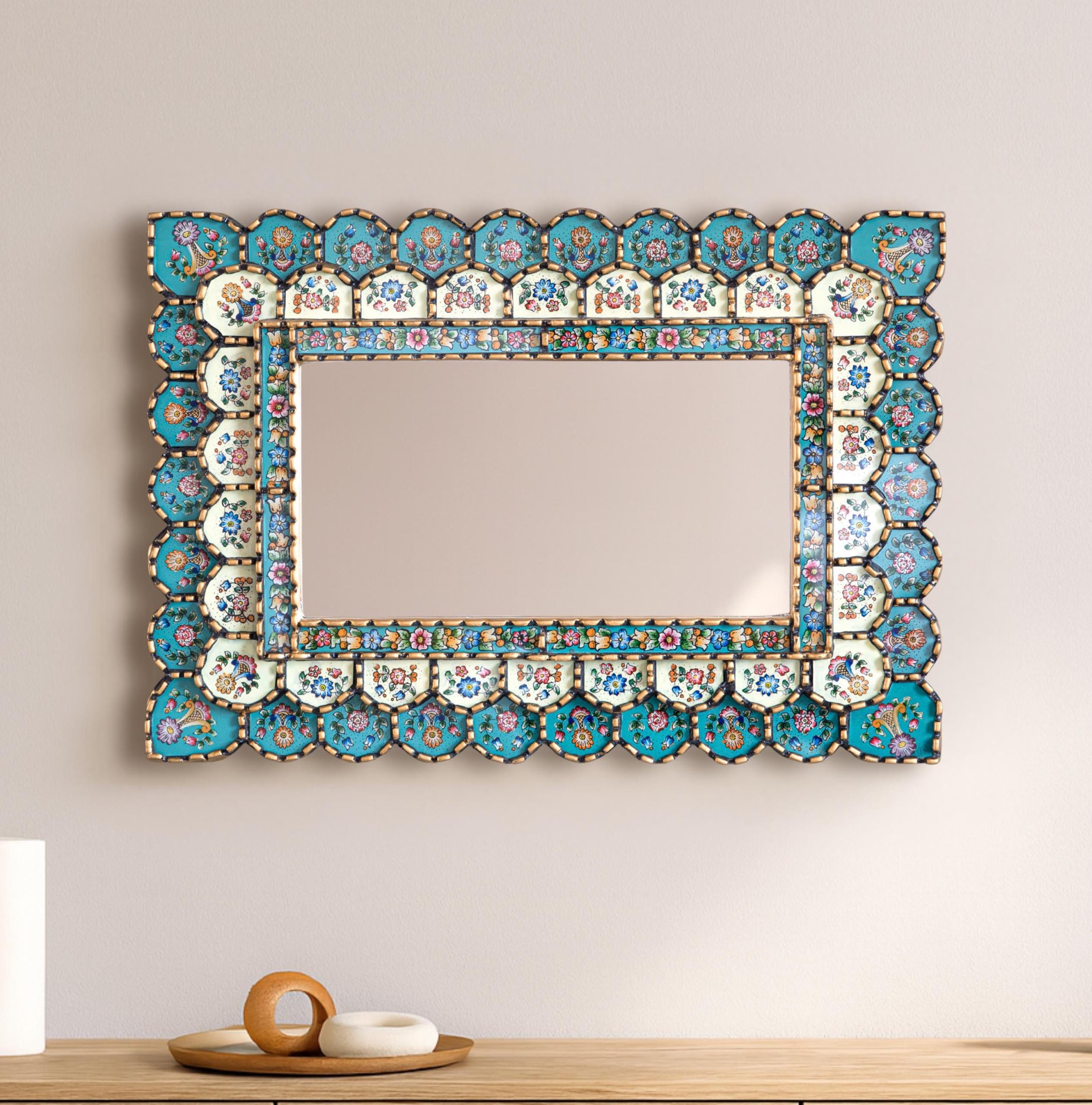 Turquoise & Gold Rectangular Mirror - Luxury Peruvian Hand Painted Glass Wall Decor Mothers Day Gift Spring Home Refresh USA No Duties