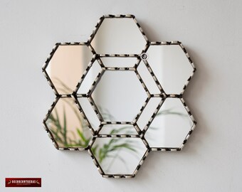 Handmade Hexagonal Wall Mirror 11.8" from Peru, Peruvian Wood Framed Accent Mirror, Small Decorative Wall hanging Mirror with silver leaf