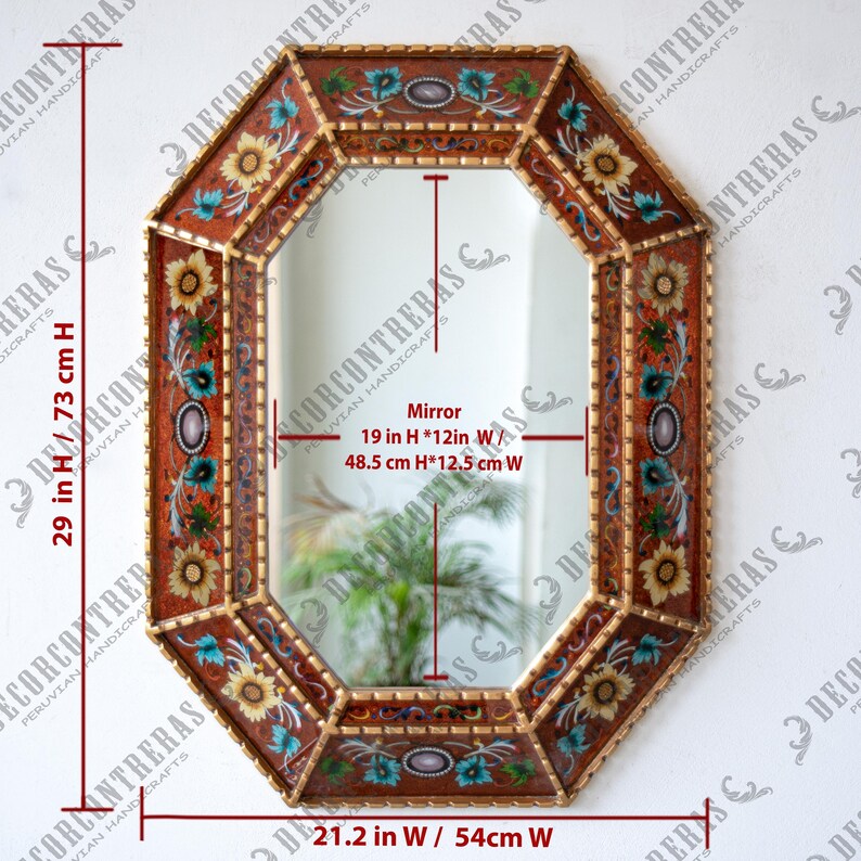 Grote gouden achthoekige bolle spiegel 29"- Peruaanse handgeschilderde glazen bloemenwanddecoratie kunst aan de muur - luxe woonkameraccentstuk | VS Geen verplichtingen afbeelding 10