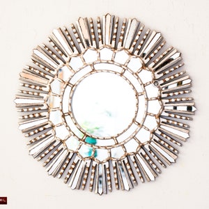 Silver Sunburst Mirrors 17.7in, Accent hand-carved round mirror &#39;Silver Sun&quot;- Silver Ornate mirror for wall, Peruvian Mirror wall decorative