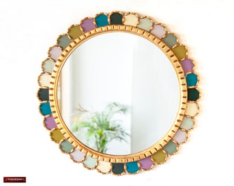 Großer runder Goldspiegel 60 cm - Wandspiegel aus peruanischem Glas in Bronze | Boho-Dekor für Wohnzimmer | USA/Kanada ohne Pflichten