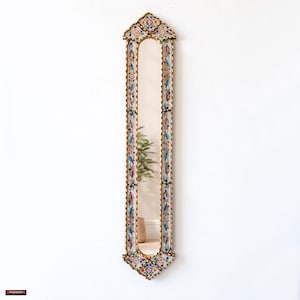 Long Skinny Mirror Wall Decor - Handmade Walnut Narrow Mirror for Bedroom, Living Room - Accent Mirror Home Decor - Peruvian Painted Glass