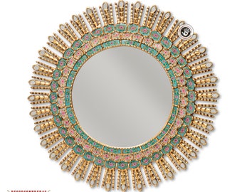 Large Gold Round Mirror, 'Celestial Sun' - Carved Decorative Mirror bathed with bronze leaf and Reverse Handpainted Glass - Peru Handicrafts