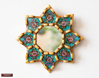 Turquoise Hanging wall mirror living room decor | Peruvian Painted glass mirror | ornate mirror on the wall | Small mirror wedding gifts her