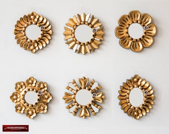 Small Sunburst Mirror set 6 &quot;Gold Sun&quot;, Handmade Round mirror Wall 6&quot;D, Handcarved Wood Round Mirrors Vanity, Peruvian Mirror with gold leaf