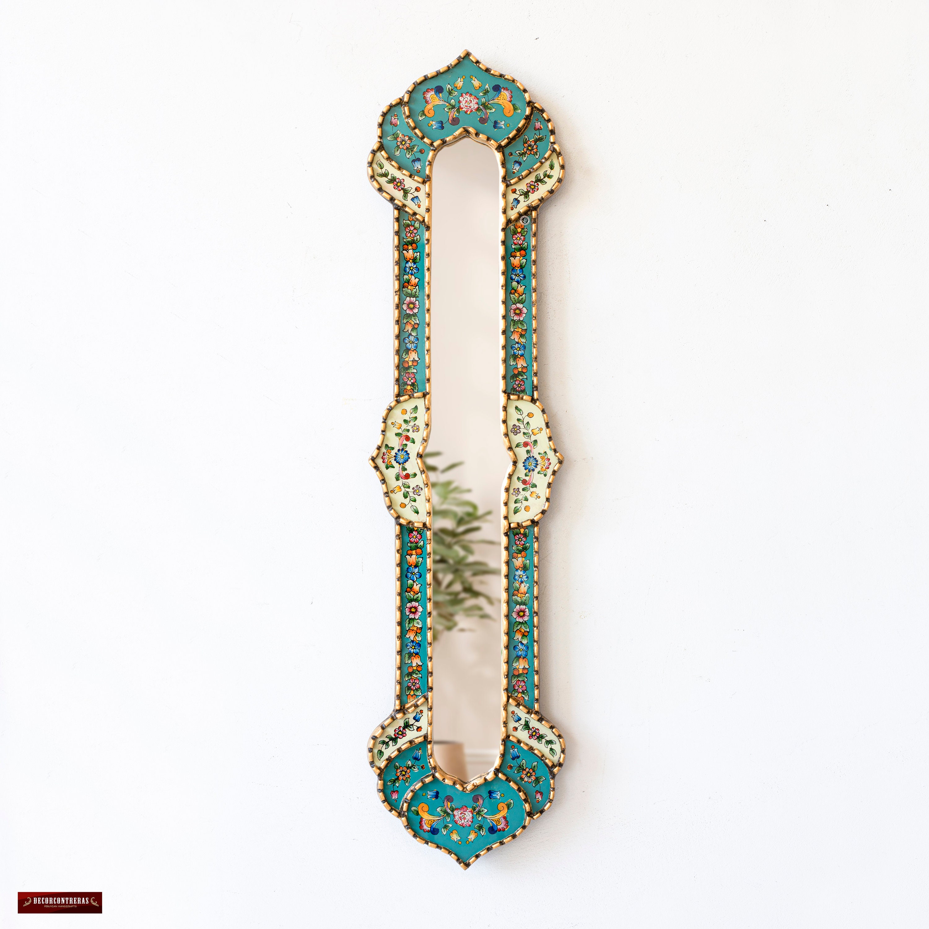 Peruvian Long Narrow wall mirror 35.4&quot; Tall - Handmade Painted glass Skinny Turquoise wall Mirror with gold leaf for living room, bedroom