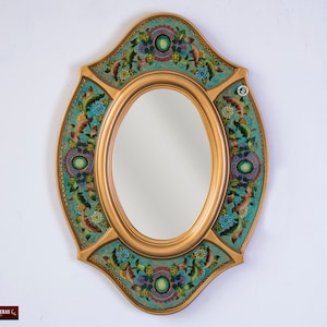 Turquoise Oval wall Mirror with gold color wood frame, Peruvian Ornate Accent Mirror "Treasure Andean", Handpainted Glass Mirror wall decor