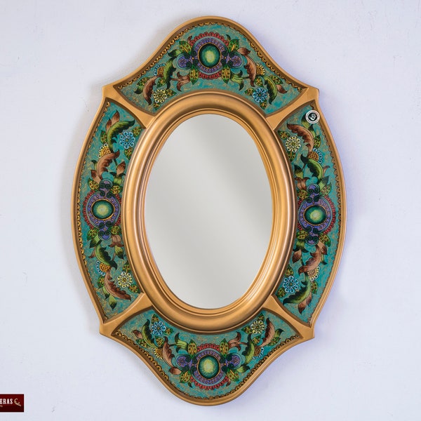 Turquoise Oval wall Mirror with gold color wood frame, Peruvian Ornate Accent Mirror "Treasure Andean", Handpainted Glass Mirror wall decor