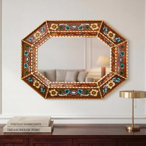 Grote gouden achthoekige bolle spiegel 29"- Peruaanse handgeschilderde glazen bloemenwanddecoratie kunst aan de muur - luxe woonkameraccentstuk | VS Geen verplichtingen afbeelding 2