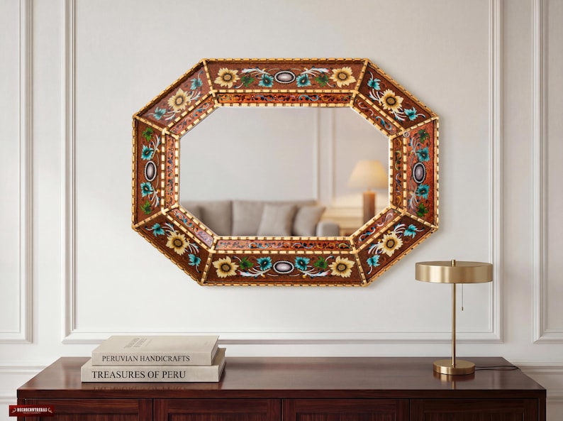 Grote gouden achthoekige bolle spiegel 29"- Peruaanse handgeschilderde glazen bloemenwanddecoratie kunst aan de muur - luxe woonkameraccentstuk | VS Geen verplichtingen afbeelding 2
