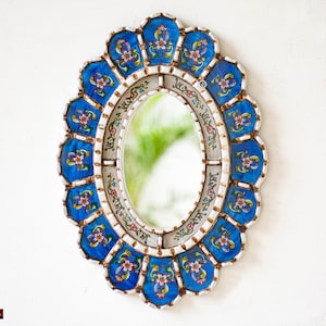 Peruvian Painted glass accent oval mirror wall decorations | wedding gifts mirror on the wall | Blue Hanging mirror for living room decor