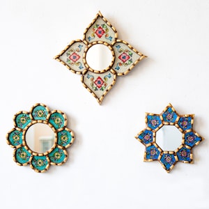 Small Accent Wall Mirror set 3, Decorative Colorful mirror of 6&quot; for room decor, Peruvian Ornate Mirrors with bronze leaf &quot;Colonial Floral&quot;
