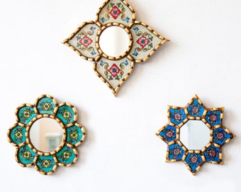 Small Accent Wall Mirror set 3, Decorative Colorful mirror of 6&quot; for room decor, Peruvian Ornate Mirrors with bronze leaf &quot;Colonial Floral&quot;