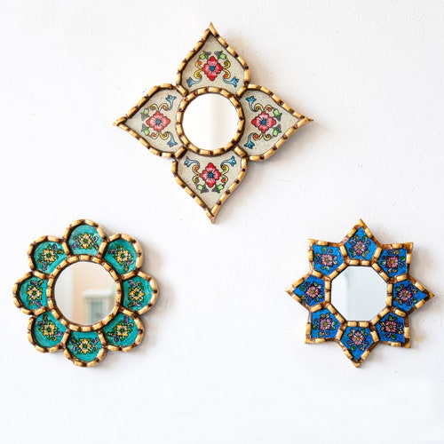 Ensemble de 3 petits miroirs muraux décoratifs, miroir coloré décoratif de 15 cm pour la décoration de la chambre, miroirs péruviens avec feuille de bronze, expédié depuis les États-Unis/le Canada
