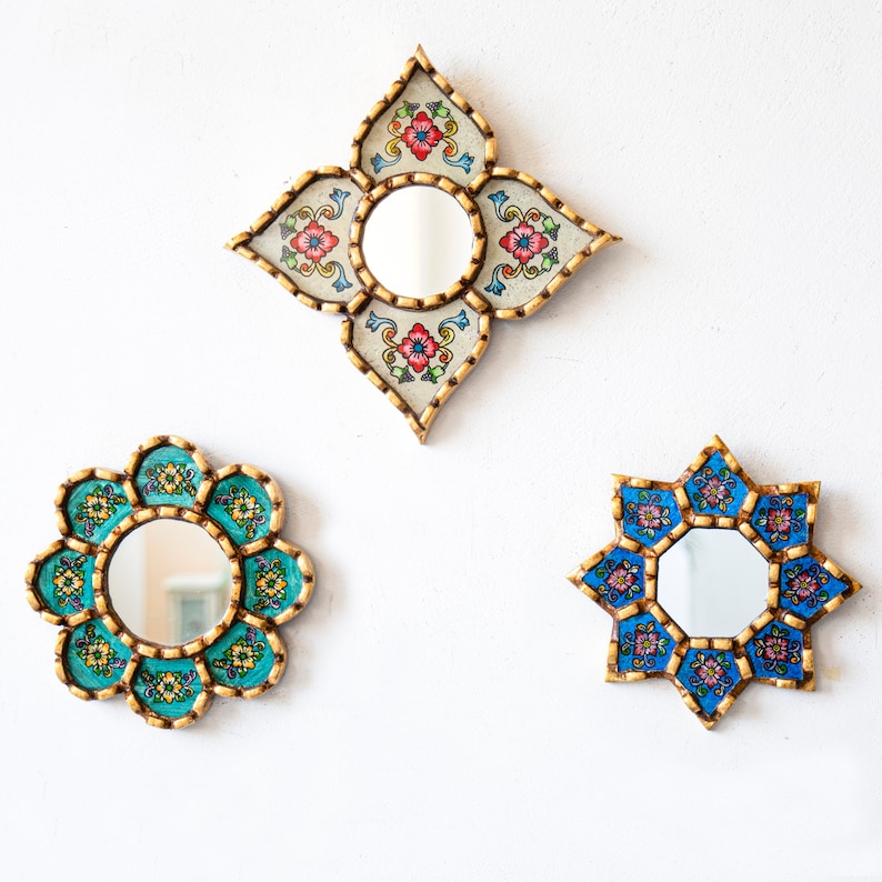 Small Accent Wall Mirror set 3, Decorative Colorful mirror of 6 for room decor, Peruvian Ornate Mirrors with bronze leaf Colonial Floral