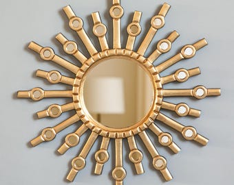 Handmade Round Gold Mirror 17.7in from Peru – Sunburst Mirror Wall Decor– Unique Gift for Her – Boho, Farmhouse or Modern Home Decor Accent