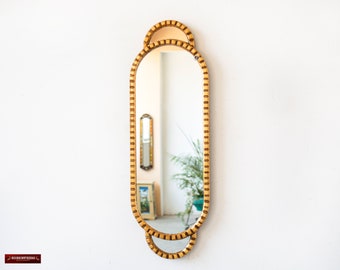 Narrow Gold Oval mirror 23.6" tall for wall, Peruvian Accent Decorative Gold leaf Wood Long Mirror, Vanity Narrow wall Mirror room decor