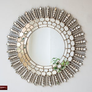 Sunburst SilverRound Mirror 31.5", Decorative Large Mirror wall decor, Handcarved Wood mirror covered with silver leaf, Accent Ornate Mirror