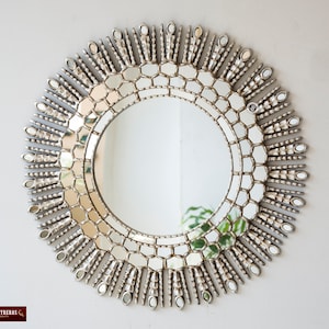 Sunburst SilverRound Mirror 31.5&quot;, Decorative Large Mirror wall decor, Handcarved Wood mirror covered with silver leaf, Accent Ornate Mirror