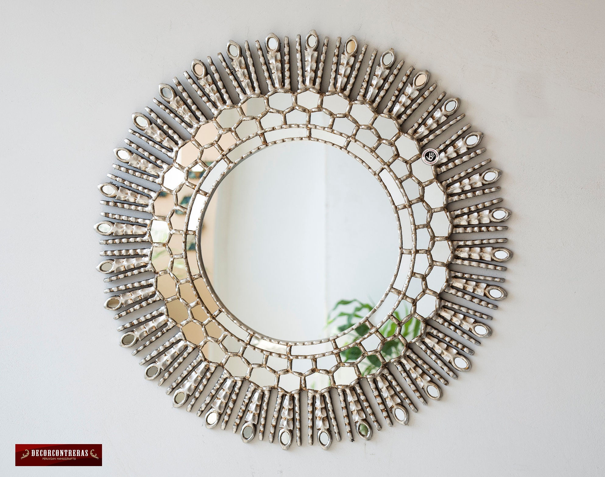 Large Silver Round Wall Mirror 31.5" from Peru Silver leaf wood framed mirror Large Silver Round Wall Mirror 31.5" from Peru Silver leaf wood framed mirror