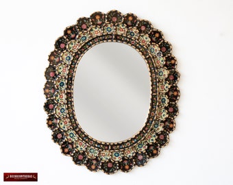 Decorative Cuzcaja Oval Wall Mirror 23.6"- Peruvian Accent Mirror for Wall - Gold wood framed wall mirror- Reverse Painted glass Wall Mirror