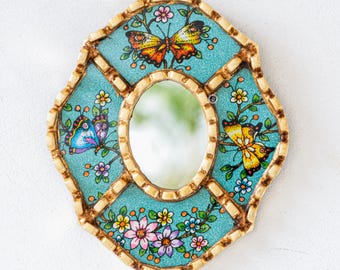 Petit miroir papillon, décoration murale ovale turquoise, art péruvien peint à la main, cadeau idéal pour les fêtes | Expédié des États-Unis