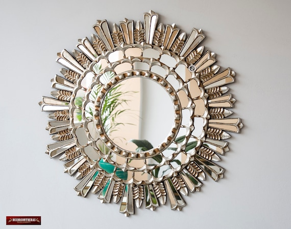 Large Silver Round Wall Mirror 31.5" from Peru Silver leaf wood framed mirror Large Silver Round Wall Mirror 31.5" from Peru Silver leaf wood framed mirror