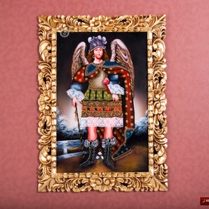 Cuzco Painting &#39;Archangel Michael&#39;, Peru Wall Art - Catholic art - Angel painting - Handcarved Wood Frame - Religious & Spiritual Paintings
