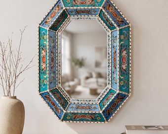 輸入雑貨　特殊強化ガラスアート　『GUCCI』　ミラーアート　60×40cm Blue Octagonal Wall Mirror Convex - Peruvian Reverse Painted Glass