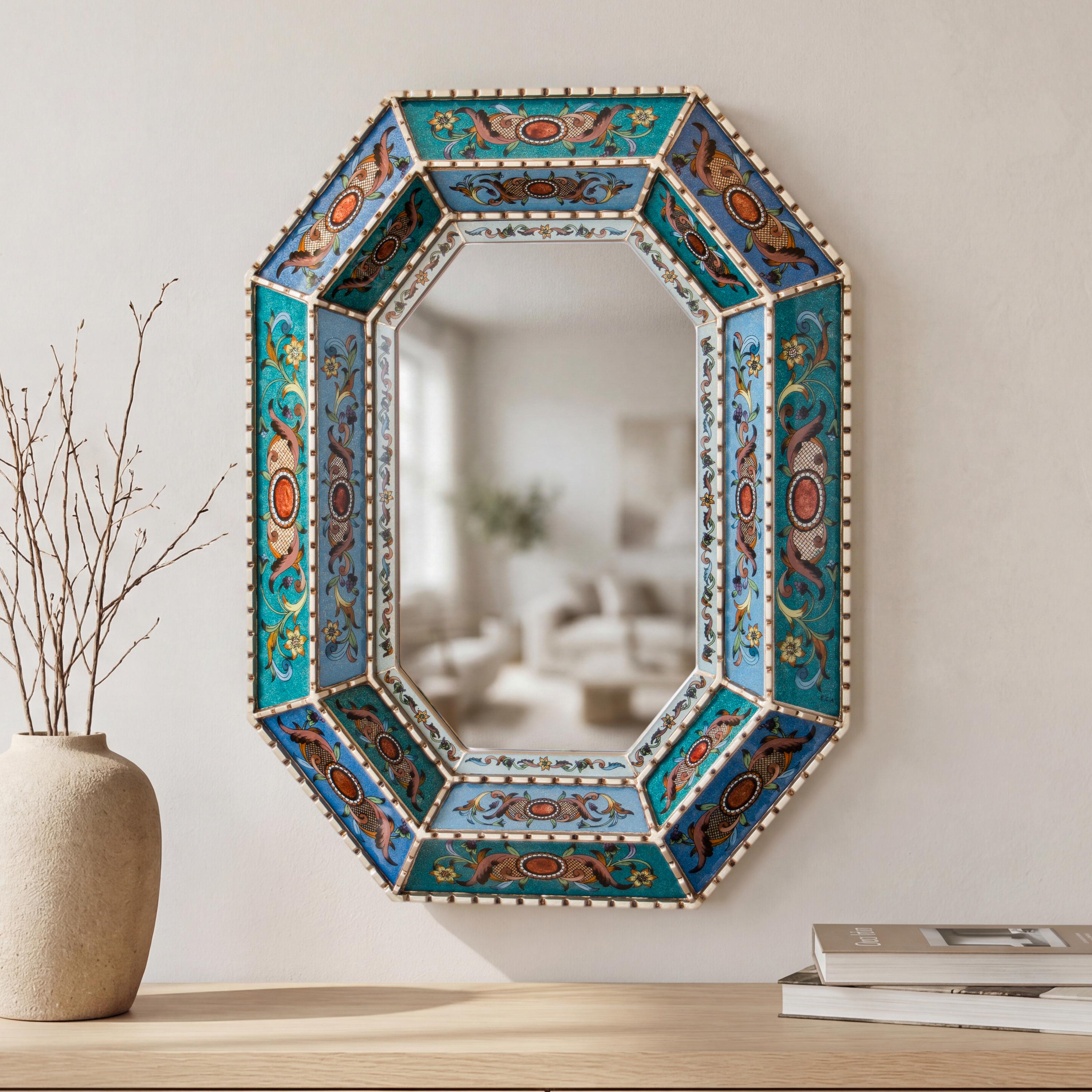 Blue Octagonal Wall Mirror Convex - Peruvian Reverse Painted Glass