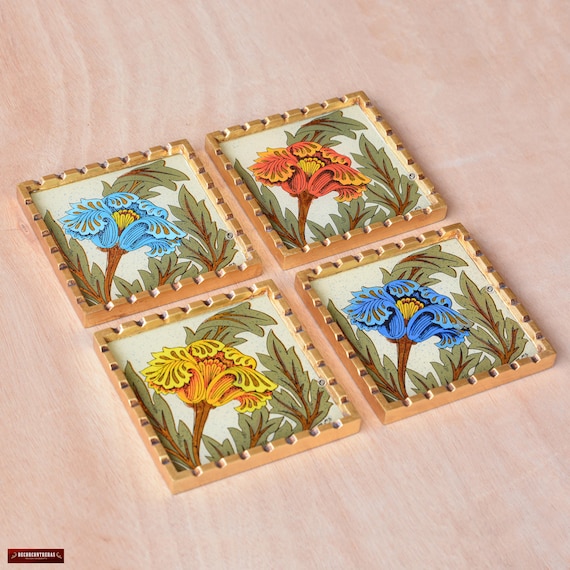 Handmade Coasters Set of 4– Floral Glass Coasters for Drinks from Peru – Unique Housewarming Gift, Wooden Coasters - Wedding Coasters