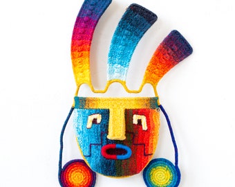 Handwoven Multicolored Andean Warrior mask from Peru | Andean Decorative Mask for Wall Handmade| Peruvian Traditional Wool Mask Wall Hanging