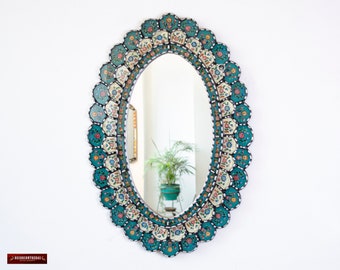 Peruvian Oval Turquoise Mirror for wall, "Celestial Flower"- Silver Accent oval wall mirrors, Large wall mirror for Bathroom, living room