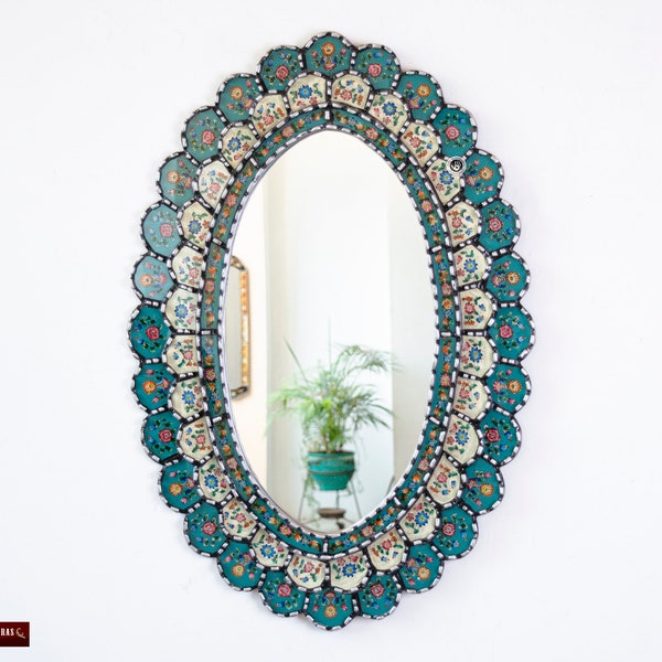 Peruvian Oval Turquoise Mirror for wall, "Celestial Flower"- Silver Accent oval wall mirrors, Large wall mirror for Bathroom, living room