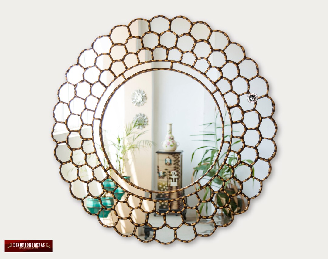 Large Gold Round Wall Mirror 31.5 From Peru, Gold Leaf Wood Framed