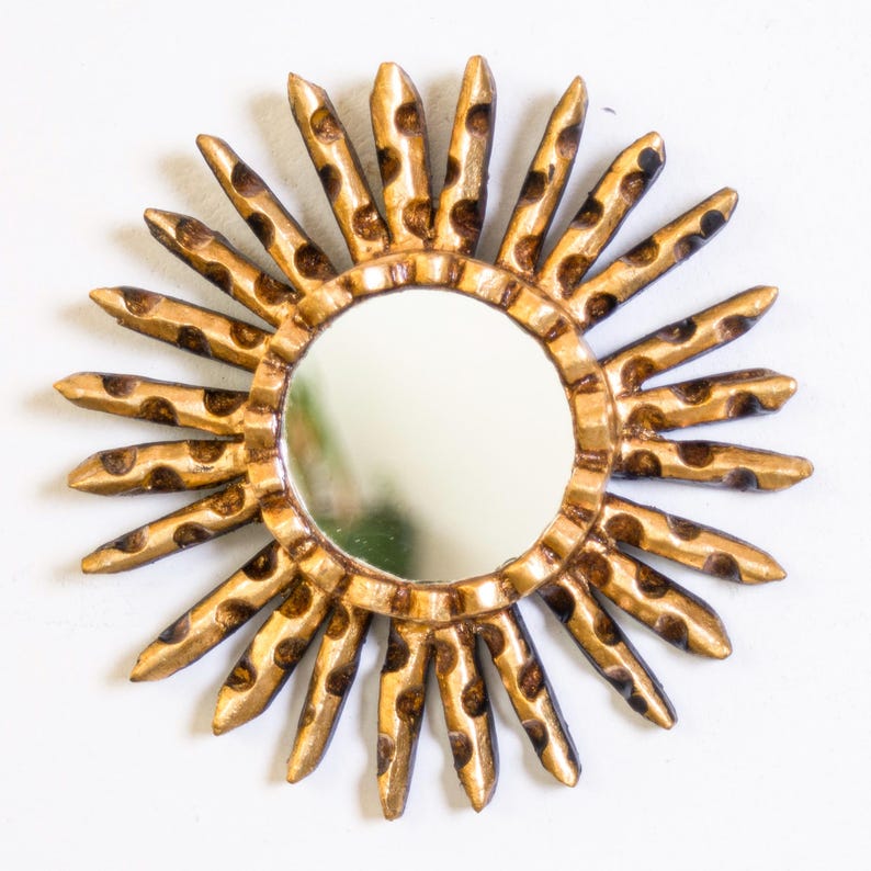 Gold Sunburst Mirror Set 3 - Small Wall Mirrors 6" - Handcarved Wood Starburst - Vintage Style Home Refresh Gallery Wall Art |Ships from USA image 5