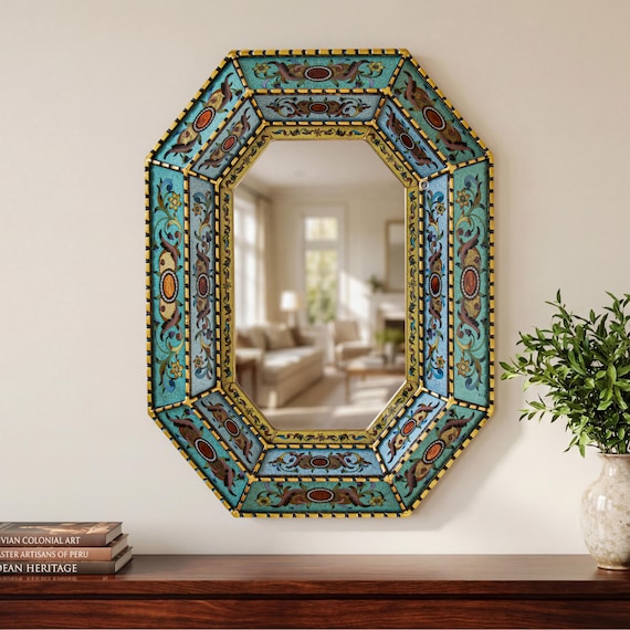 Octagonal Convex Wall Mirror - Turquoise Peruvian Reverse Painted Glass - Boho Luxe Peruvian Art by Edmundo Contreras | USA Canada No Duties