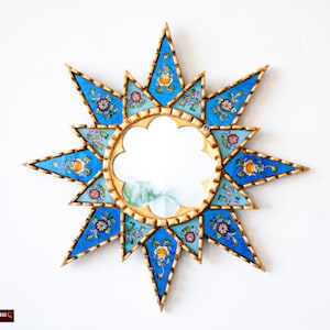 Accent Blue-turquoise Star Mirror 17.7" for wall decorative, Luxury Peruvian Painted glass Hanging wall Mirror, Ornate Mirror wall art glass