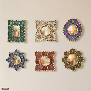 Small Peruvian Mirror Set of 6 - Floral Painted Glass - Unique Mothers Day Gift - Gold Leaf Handmade Mirror for Gallery Wall | USA No Duties