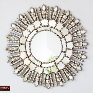 Silver Decorative Mirrors 17.7&quot;, Accent Sunburst Mirror &#39;Sun of Live&quot;, Round mirrors for wall decor,  Peruvian Hand-carved wood Mirror