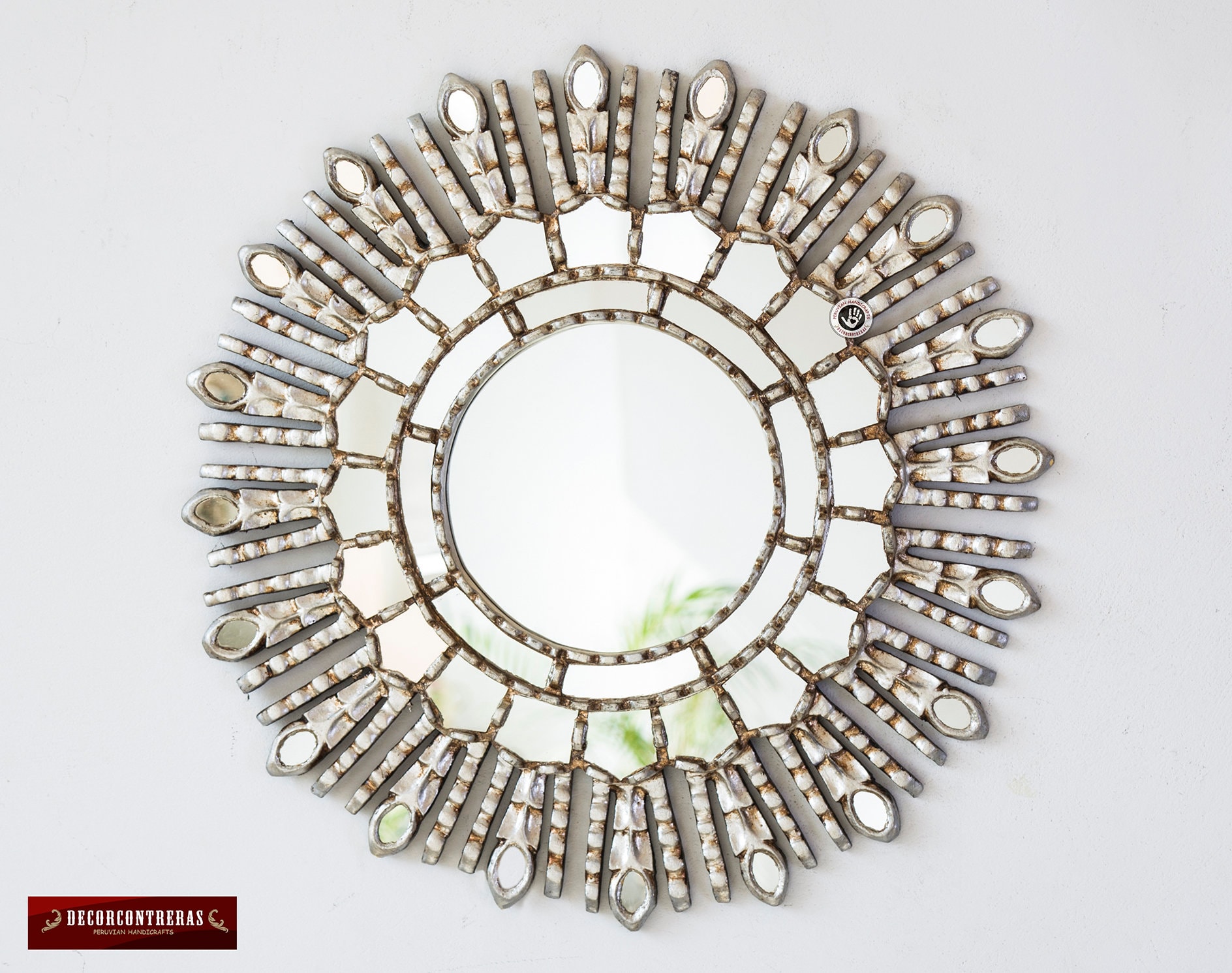 Silver Decorative Mirrors 17.7", Accent Sunburst Mirror "Sun Of Live", Round Mirrors For Wall Decor, Peruvian Hand-Carved Wood