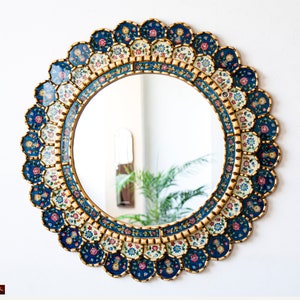 Blue Hanging mirror home wall decor | Golden Circle mirror living room decorations | Peruvian Handmade Round mirror on the wall art decor