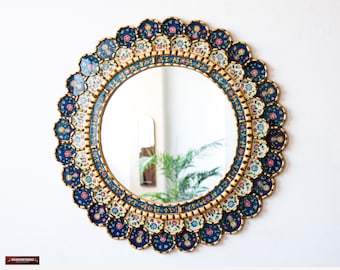 Blue Hanging mirror home wall decor | Golden Circle mirror living room decorations | Peruvian Handmade Round mirror on the wall art decor