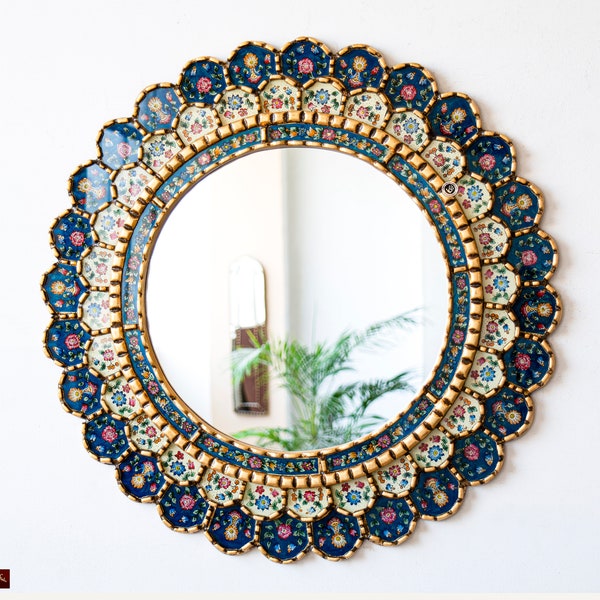 Blue Hanging mirror home wall decor | Golden Circle mirror living room decorations | Peruvian Handmade Round mirror on the wall art decor